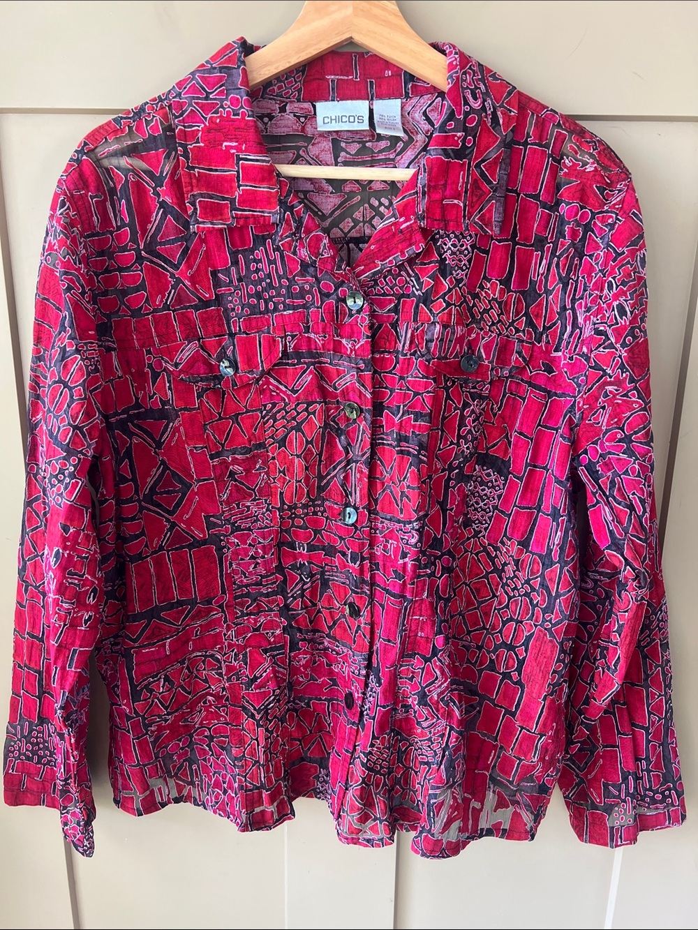 Chico’s XL Red & Black Geo Mixed Media Button Down Shirt Blouse
